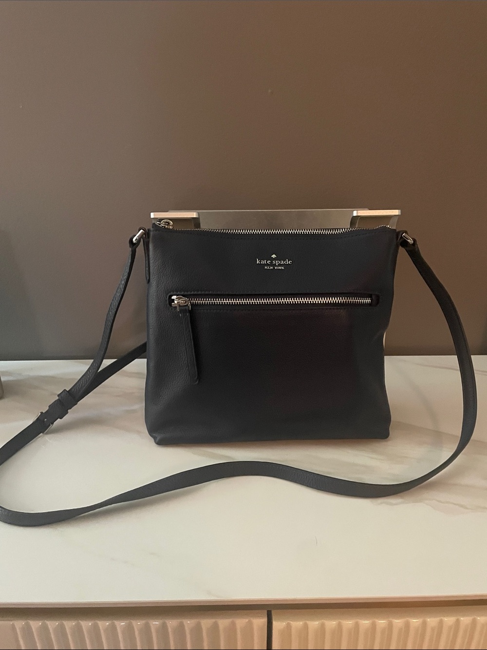 kate spade black pebble leather crossbody with front zip